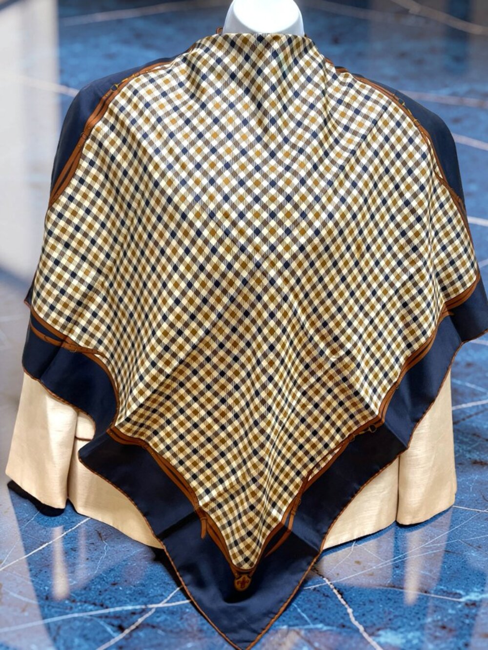 100% Silk 30" AQUASCUTUM of London Scarf Navy Brown Beige Check Italy Made (24